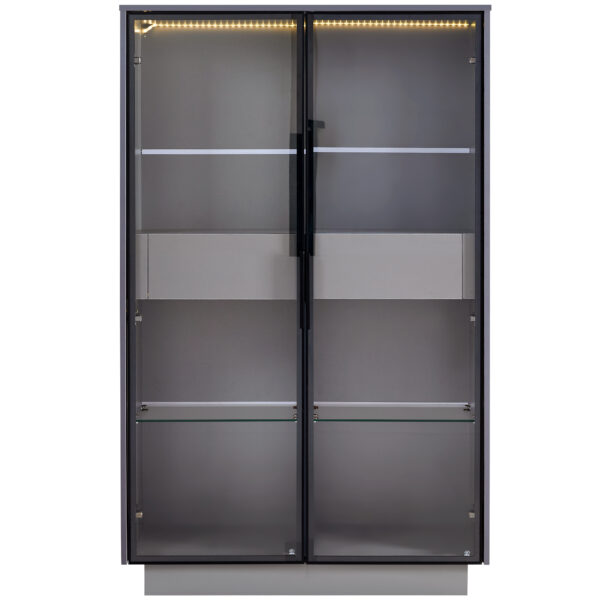 60.6'' Freestanding Display Cabinet with 2 Storage Drawers, Pantry with Glass Doors & LED Lighting, Modern China Cabinet with Adjustable Shelves for Hallways, Kitchen, Livingroom & Office - Grey