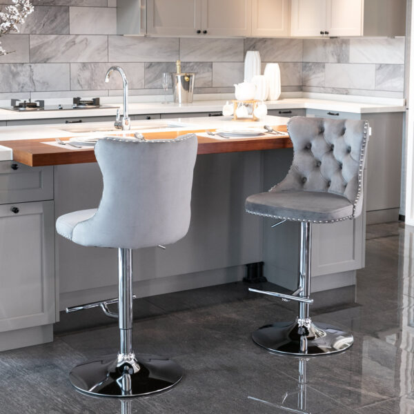 Swivel Velvet Barstools Adjusatble Seat Height from 25-33 Inch, Chrome base Bar Stools with Backs Comfortable Tufted for Home Pub and Kitchen Island,Set of 2,  AS1712GY, Gray