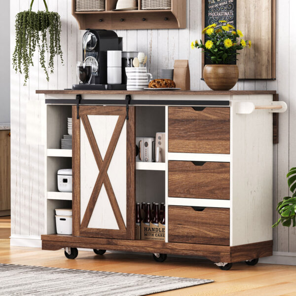 K&K 55.5" Farmhouse Kitchen Island with Drop Leaf, Kitchen Storage Island with Barn Door, Power Outlet, Rolling Kitchen Cart on Wheels with Spice Rack, for Home, Kitchen, Dining Room, White