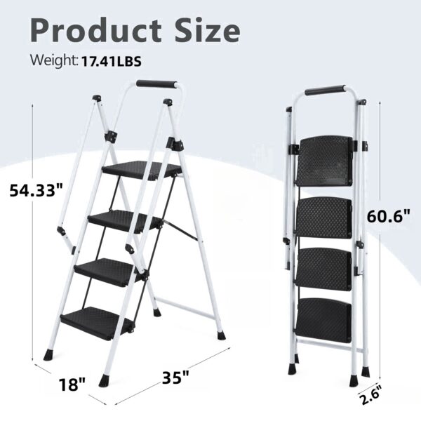 4a09e912702e40e2894433c241977884_e7e95a1c7cd3d721a658938096532767 White four-step ladder, light folding four-step stool, wide anti-skid pedal and safety handle, strong steel ladder, multi-purpose ladder, applicable to family, kitchen, office elevator