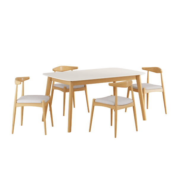 5-Piece Mid-Century Modern Dining Set - Solid Wood Frame Table + 4 Beige Upholstered Chairs(White Oak+Beige)