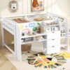 Full Size Low Loft Bed with Built-in Desk,Storage Cabinets and Open Bookcase,Whiteboard for Graffiti,White(ETA:7/8)