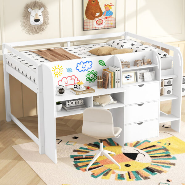 Full Size Low Loft Bed with Built-in Desk,Storage Cabinets and Open Bookcase,Whiteboard for Graffiti,White(ETA:7/8)