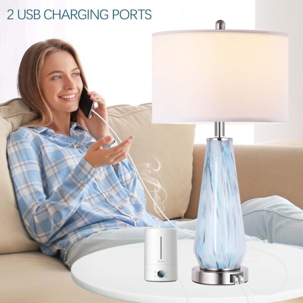4be0a8e5eace43b792a5e5d726794a8a_66ab982c578370f873d9fe0f0feef6bf Modern Table Lamp Set of 2 Touch Control, 27" Tall Faded Swirl Blue Gray Art Glass Bedside Lamp with USB Ports, 3-Way Dimmable Hand Crafted Nightstand Lamps White Drum Shade for Living Room, Bedroom