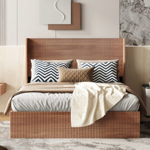 Large grooved undulating lift storage bed frame, wooden platform bed frame with lift storage, no spring box required/no noise, rustic brown slatted natural wood(Queen)