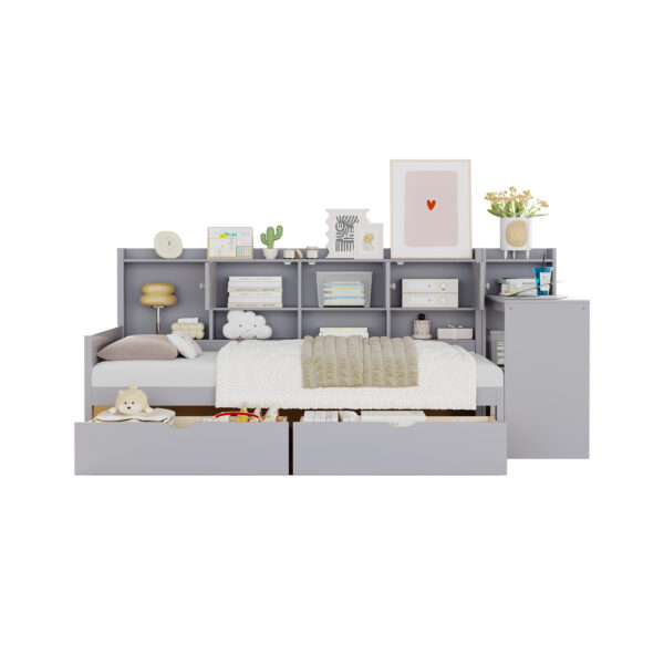 Twin Size Daybed with Storage 3 Cabinets and 2 Drawers, Wooden L-Shape Daybed Frame with Study Desk and Built-in Bookshelf, Multi-functional Bed for Bedroom Guest Room,Gray