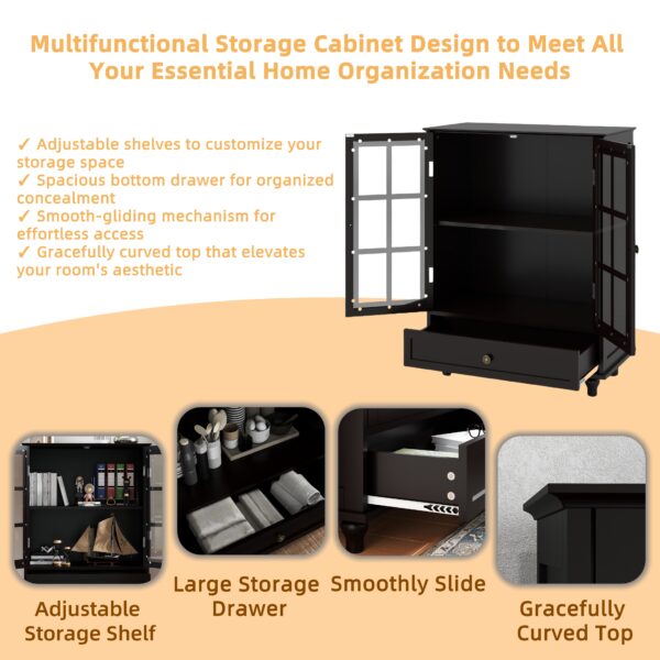 Minimalist Black Buffet Cabinet with Double Glass Doors and Drawer, Modern Wooden Storage Sideboard Cupboard for Living room, Dining Room Hallway Entryway(Black)