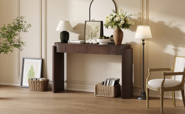 TREXM Entryway Table with Natural Wood Grain Finish, Console Table with Fluted Design, Oval Top and 2 Drawers for Entryway and Living Room (Espresso)