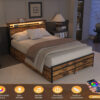 Queen Size Bed Frame with 8 Storage Drawers, LED Headboard with Charging Station, Metal Platform Bed Frame, No Box Spring Needed, Noise-Free, Stable and Solid, Brown