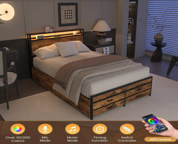 4d8c582091994ff698a9e12a77aff0b7_ea04fc72b24d64296cb4bdaf91431923 Queen Size Bed Frame with 8 Storage Drawers, LED Headboard with Charging Station, Metal Platform Bed Frame, No Box Spring Needed, Noise-Free, Stable and Solid, Brown