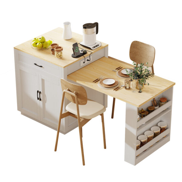 K&K 82.7 inch Kitchen Island with Extendable Dining Table for 4-6 Person,Two-tone Kitchen Table with Double-sized Storage, Power Outlet, Kitchen island with Storage 2 Drawers 2 Side Open Shelves,White
