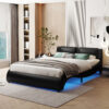 Full Size Upholstered Faux Leather Platform Bed with LED Light Bed Frame with Slatted - Black