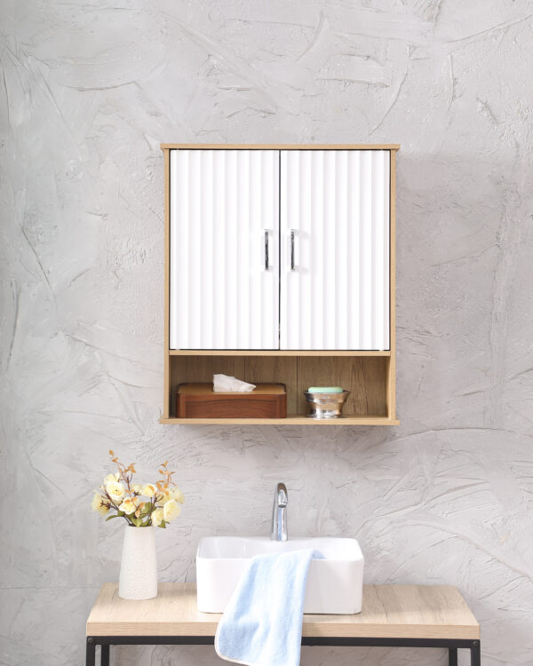 4e4ce9a1a6cd46ffba0fd2e338014d39_2c42813e6159b666376e65cbc871cf82 Bathroom Wall Cabinet with Double - Door, Bottom Shelf, Wavy - Patterned Doors, Adjustable Inner Shelf, Easy Installation, White & Natural Wood