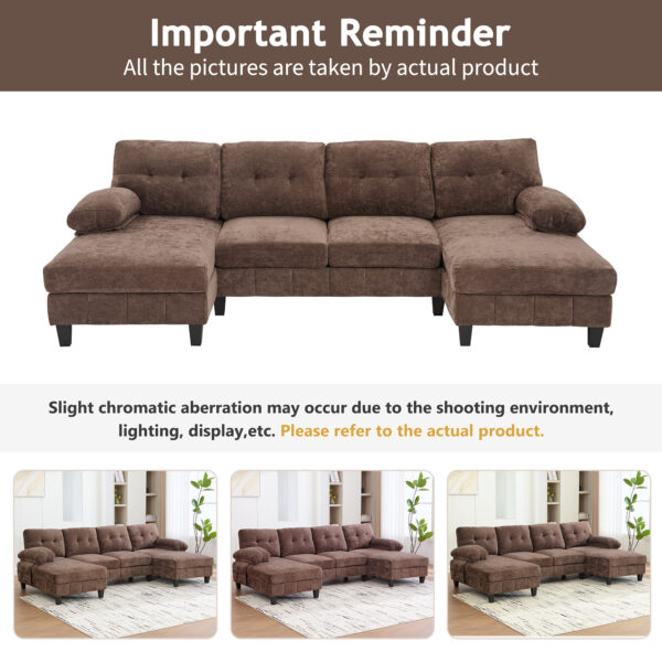 U-shaped Sectional Sofa 103.5" Chenille Fabric Couch with Dual Chaise Lounges, Storage Pockets and Armrest Pillows for Living Room, Brown