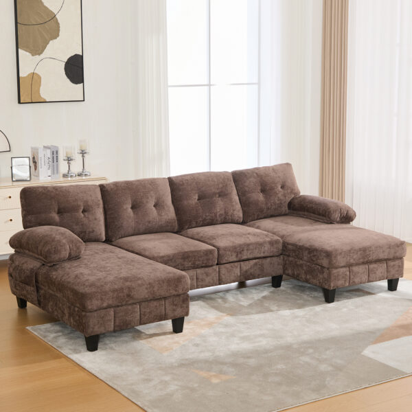 U-shaped Sectional Sofa 103.5" Chenille Fabric Couch with Dual Chaise Lounges, Storage Pockets and Armrest Pillows for Living Room, Brown