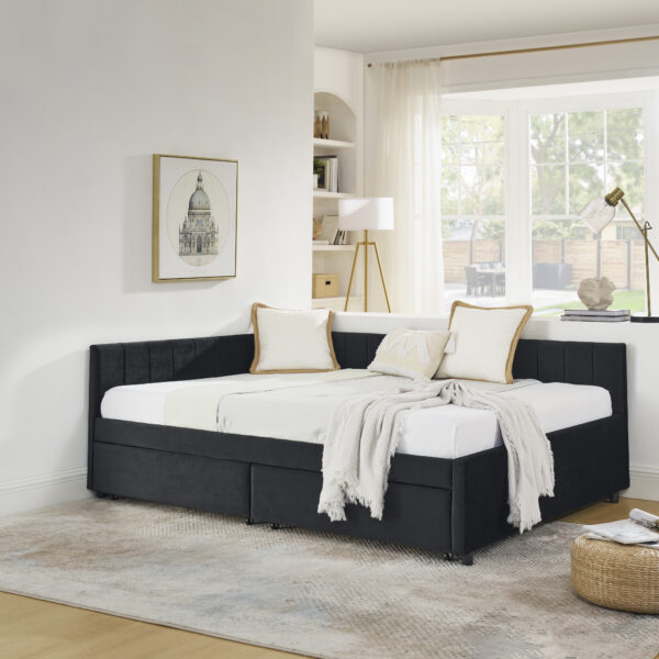 4f5ec83c337a4d599cc565f52b3efde7_ab6b8c803594f63f25503387b4528052 Full Size Upholstered Tufted Bed Frame with Two Drawers, Sofa Bed Frame with Comfortable Backrest and Armrests, Velvet, Black(79.5''x58''x25'')
