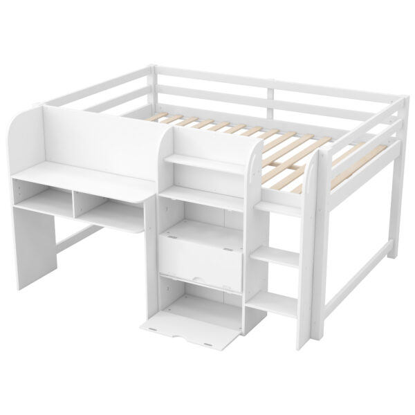 Full Size Low Loft Bed with Built-in Desk,Storage Cabinets and Open Bookcase,Whiteboard for Graffiti,White(ETA:7/8)