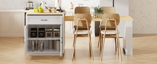 K&K 82.7 inch Kitchen Island with Extendable Dining Table for 4-6 Person,Two-tone Kitchen Table with Double-sized Storage, Power Outlet, Kitchen island with Storage 2 Drawers 2 Side Open Shelves,White