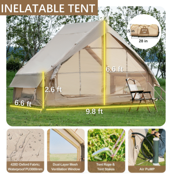 Inflatable Tent With Pump,Glamping Tents For 4-6 Person, Easy Setup 4 Season Waterproof Outdoor Tent,Waterproof Luxury Glamping Tent with 12 Mesh Window