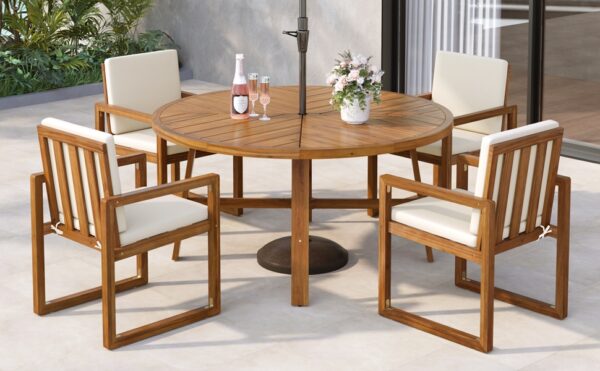5-Piece Outdoor Patio Dining Set Acacia Wood Outdoor Dining Set Patio Furniture Set with Four  Armchairs and a Table for Garden, Balcony, Backyard, Beige