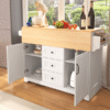 K&K 55.7'' Large Kitchen Island with 2 Drop Leaf,, Rolling Kitchen Cart on 5 Wheels with Power Outlet, Folding Storage Dining Table with Spice & Towel Rack , 3 Drawers, for Kitchen, Dining Room,White