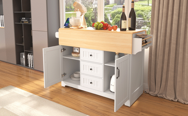 K&K 55.7'' Large Kitchen Island with 2 Drop Leaf,, Rolling Kitchen Cart on 5 Wheels with Power Outlet, Folding Storage Dining Table with Spice & Towel Rack , 3 Drawers, for Kitchen, Dining Room,White