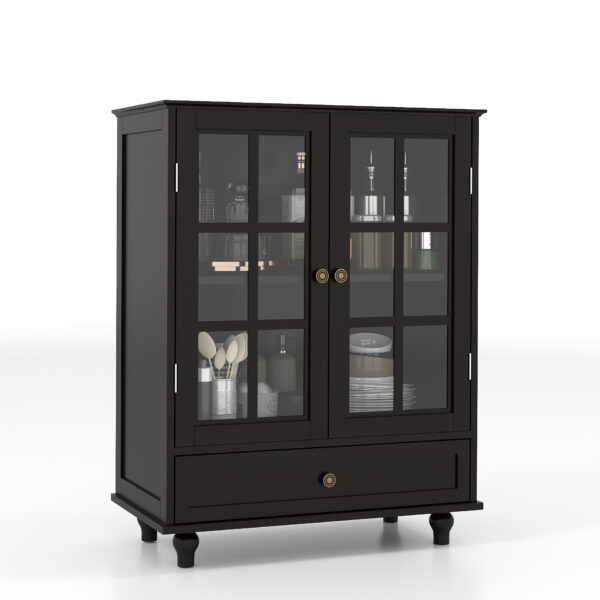 Minimalist Black Buffet Cabinet with Double Glass Doors and Drawer, Modern Wooden Storage Sideboard Cupboard for Living room, Dining Room Hallway Entryway(Black)
