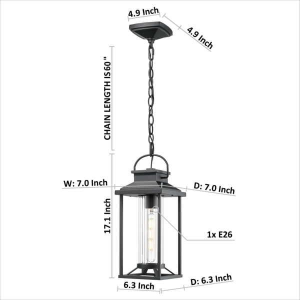 Outdoor Pendant Lights for Porch, Black Exterior Chandelier for Gazebo, Modern Outside Hanging Lanterns Outdoor Ceiling Light Fixture with Ribbed Glass for House Patio, Anti-Rust Waterproof (1 pack)