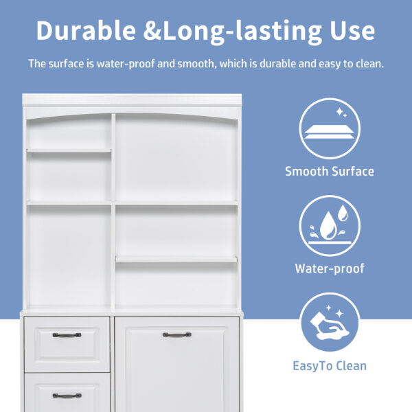 Bathroom Storage Cabinet with Tilt-Out Hamper, 70.9'' Tall Free Standing Organizer with Drawers & Adjustable Shelves, MDF Linen Tower with Steel Handles, White Finish
