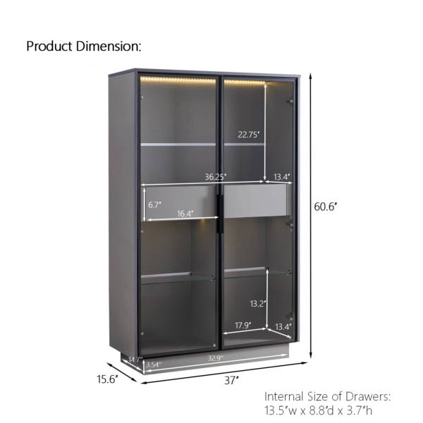 60.6'' Freestanding Display Cabinet with 2 Storage Drawers, Pantry with Glass Doors & LED Lighting, Modern China Cabinet with Adjustable Shelves for Hallways, Kitchen, Livingroom & Office - Grey