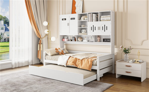 Twin Size Wooden Daybed With Twin Size Trundle, and All-in-One Cabinet and Shelf, White