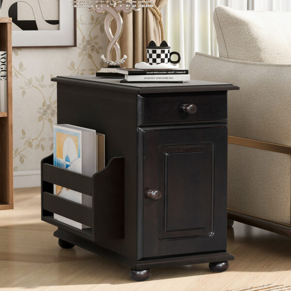 U-Can Vintage End Table Flip Top Side Table with USB Ports, One Multifunctional Drawer with cup holders, Sofa Couch Table with Bookshelf for Living room and Small Space