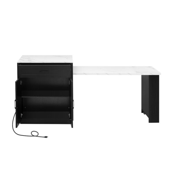 K&K 82.7 inch Kitchen Island with Extendable Dining Table for 4-6 Person,Faux Mable Kitchen Table with Double-sized Storage,Power Outlet,Kitchen island with Storage 2 Drawers 2 Side Open Shelves,Black