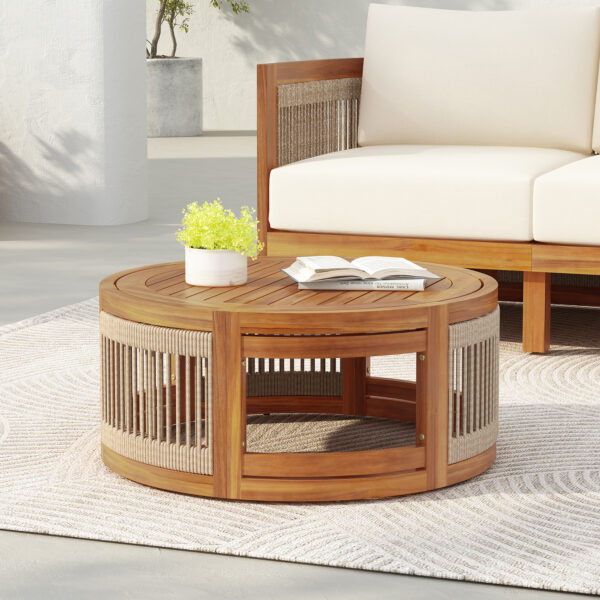 533b1e25cc974ee3b2e0c04d04c620e3_26f6eb0977b648f2046c3d393c36de6f 27.95" Acacia Wood Outdoor Coffee Table - Handwoven Rope Accent Boho Patio Table with All-Weather Durability