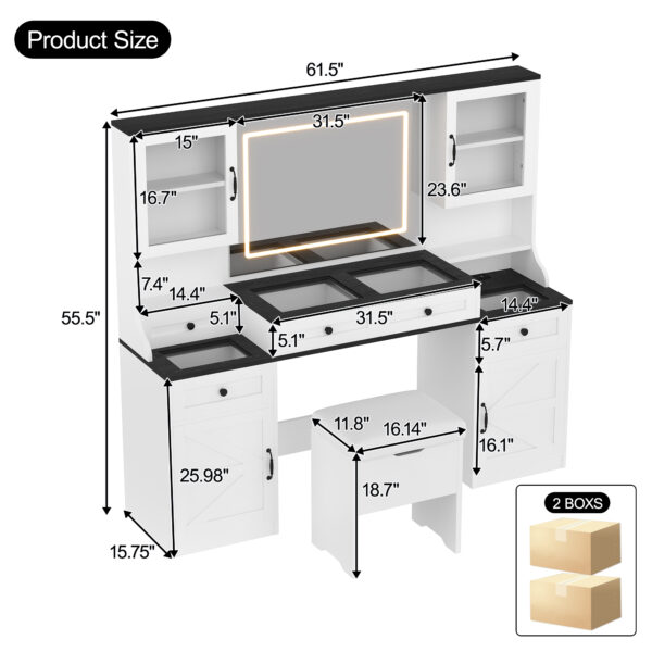 53940586911940e388d238d3ebce39d3_c5e9a0bb9f579e46e136d9e46be9bc6c 61.5" Farmhouse Vanity Desk with Mirror and LED Lights, Dressing Table with 5 Drawers and 4 Cabinets, Makeup Vanity Table Set with Glass Visual Desktop and Cushion Stool, for Bedroom