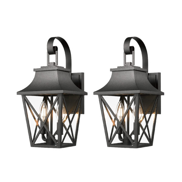 Black Outdoor Wall Lantern 2-Light, Large Outside Modern Wall Sconce Light Fixture, Industrial Porch Light Wall Mount with Glass, Waterproof Farmhouse Exterior Lamp Lighting (2 Pack)