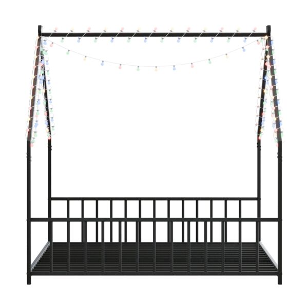 Full size children's bed frame with LED light strips, roof-shaped iron frame bed, Black,78.5" L x 55.9" W x 58.4" H.