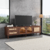 Rattan TV Stand with 3 Cabinets & 2 Drawers, Rattan-inspired Media Console Table for TVs up to 80'', LED Light Entertainment Center, TV cabinet for Living room, Bedroom, Home Theatre