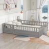 Full size  Floor bed, integral construction with super high security barrier, door, children's floor bed frame, Montessori wooden children's floor bed, Support slat Grey