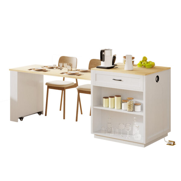 K&K 82.7 inch Kitchen Island with Extendable Dining Table for 4-6 Person,Two-tone Kitchen Table with Double-sized Storage, Power Outlet, Kitchen island with Storage 2 Drawers 2 Side Open Shelves,White