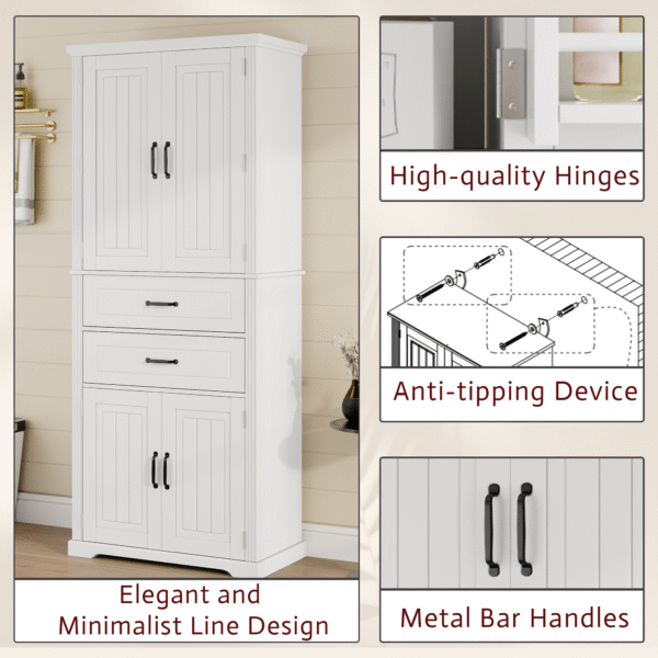 Storage Cabinet with Multi-Functional Storage Space for Kitchen/Bathroom/Dining Room/Living Room , 2 Drawers with Slide Rails, Adjustable Shelf, White