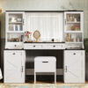 61.5" Farmhouse Vanity Desk with Mirror and LED Lights, Dressing Table with 5 Drawers and 4 Cabinets, Makeup Vanity Table Set with Glass Visual Desktop and Cushion Stool, for Bedroom