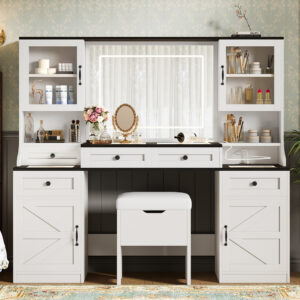 61.5" Farmhouse Vanity Desk with Mirror and LED Lights, Dressing Table with 5 Drawers and 4 Cabinets, Makeup Vanity Table Set with Glass Visual Desktop and Cushion Stool, for Bedroom