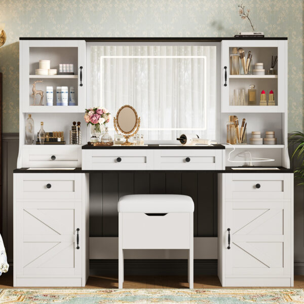 556757e7d3864c72b5d66f336c3d8234_2e798df74ee22c4f30f38b1587976942 61.5" Farmhouse Vanity Desk with Mirror and LED Lights, Dressing Table with 5 Drawers and 4 Cabinets, Makeup Vanity Table Set with Glass Visual Desktop and Cushion Stool, for Bedroom