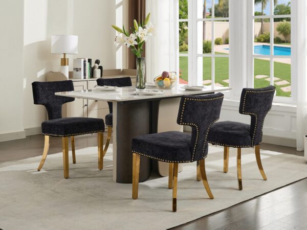 Mid Century Modern Dining Chairs Set of 2, Farmhouse Chenille Fabric Upholstered Accent Chair Curved Backrest with Copper Nails around,Kitchen Chairs with Golden Stainless Steel Plating Legs, Black