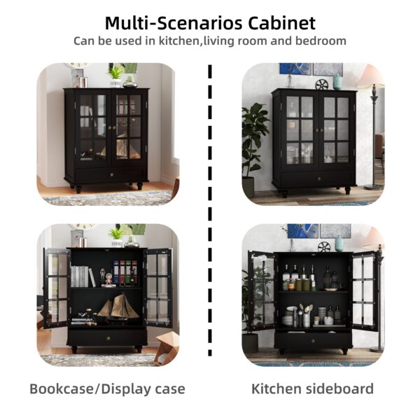 Minimalist Black Buffet Cabinet with Double Glass Doors and Drawer, Modern Wooden Storage Sideboard Cupboard for Living room, Dining Room Hallway Entryway(Black)
