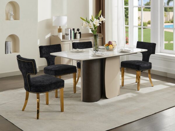 Mid Century Modern Dining Chairs Set of 2, Farmhouse Chenille Fabric Upholstered Accent Chair Curved Backrest with Copper Nails around,Kitchen Chairs with Golden Stainless Steel Plating Legs, Black
