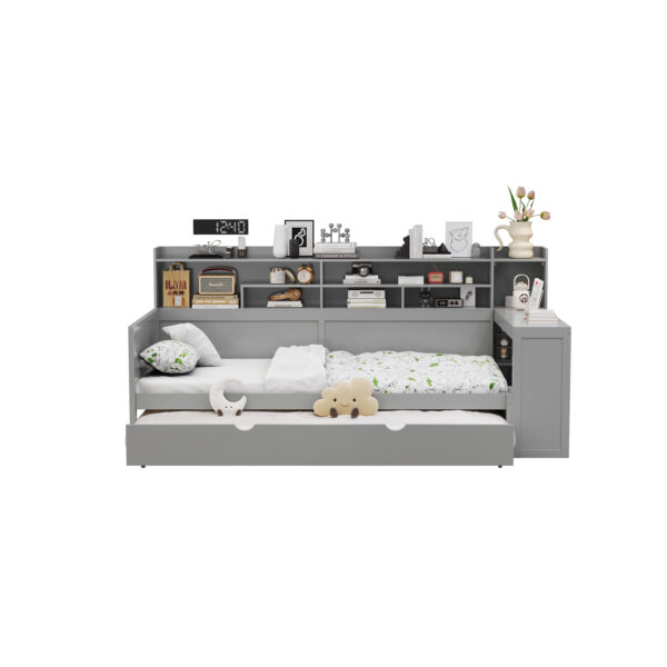 Wooden Twin Size Daybed with Storage Shelves, Multi-functional Bed with Twin Size Trundle Bed and  Study Desk, Gray
