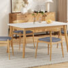5-Piece Mid-Century Modern Dining Set - Solid Wood Frame Table + 4 Beige Upholstered Chairs(White Oak+Gray)