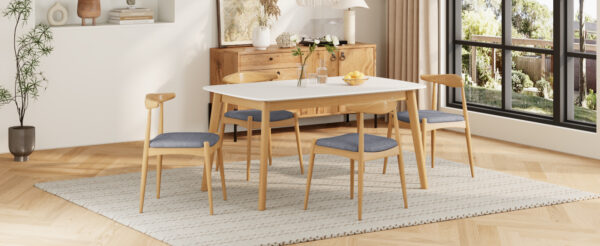 5-Piece Mid-Century Modern Dining Set - Solid Wood Frame Table + 4 Beige Upholstered Chairs(White Oak+Gray)